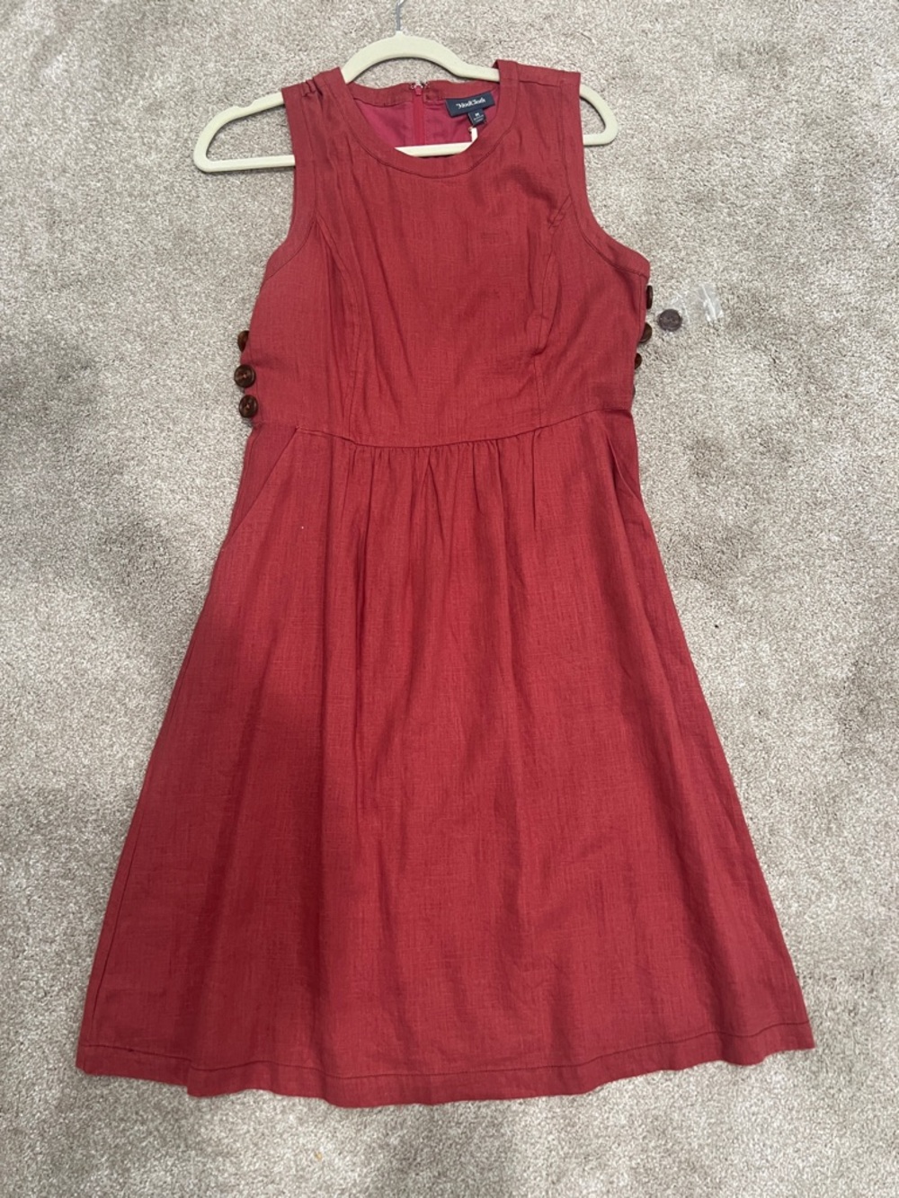 Modcloth Red Sleeveless Casual Linen lined Dress with Side Button Detail